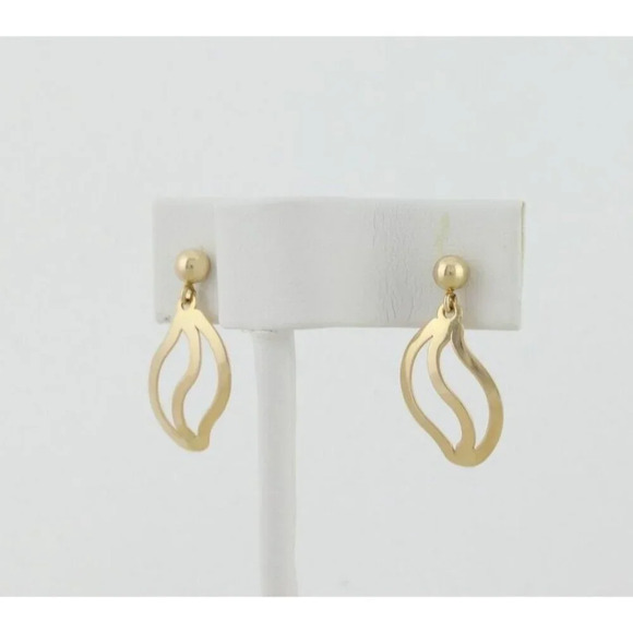 14k Yellow Gold Wave Earrings Modernist Dangle Drop - Picture 1 of 7